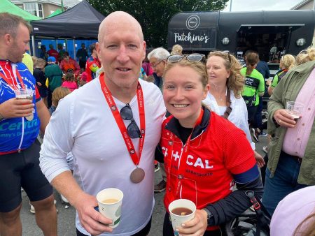 Beacon's President, Dennis O'Neill, celebrating with daughter Jacqueline after the ride!